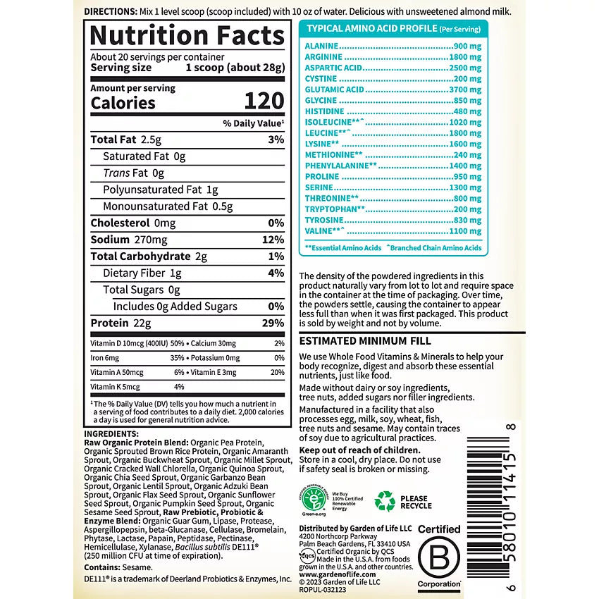 Garden of Life Raw Organic Protein Powder – Plant-Based – Unflavored (19.75 oz./20 Servings)