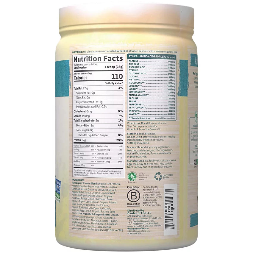 Garden of Life Raw Organic Protein Powder – Plant-Based – Unflavored (19.75 oz./20 Servings)