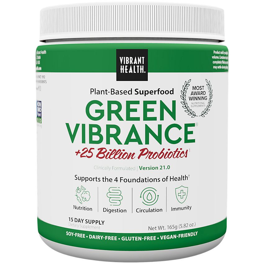 Vibrant Health- Green Vibrance Plant-Based Superfood Powder + 25 Billion Probiotics-Unflavored (15 Servings)