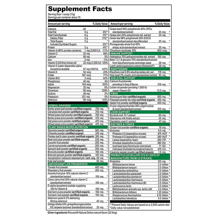 Vibrant Health- Green Vibrance Plant-Based Superfood Powder + 25 Billion Probiotics-Unflavored (15 Servings)