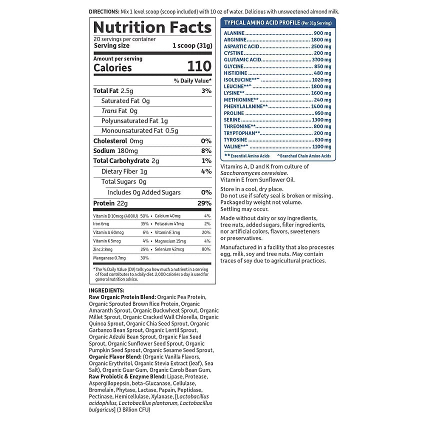 Garden of Life Raw Organic Protein Powder – Plant-Based – Vanilla (21.86 oz./20 Servings)