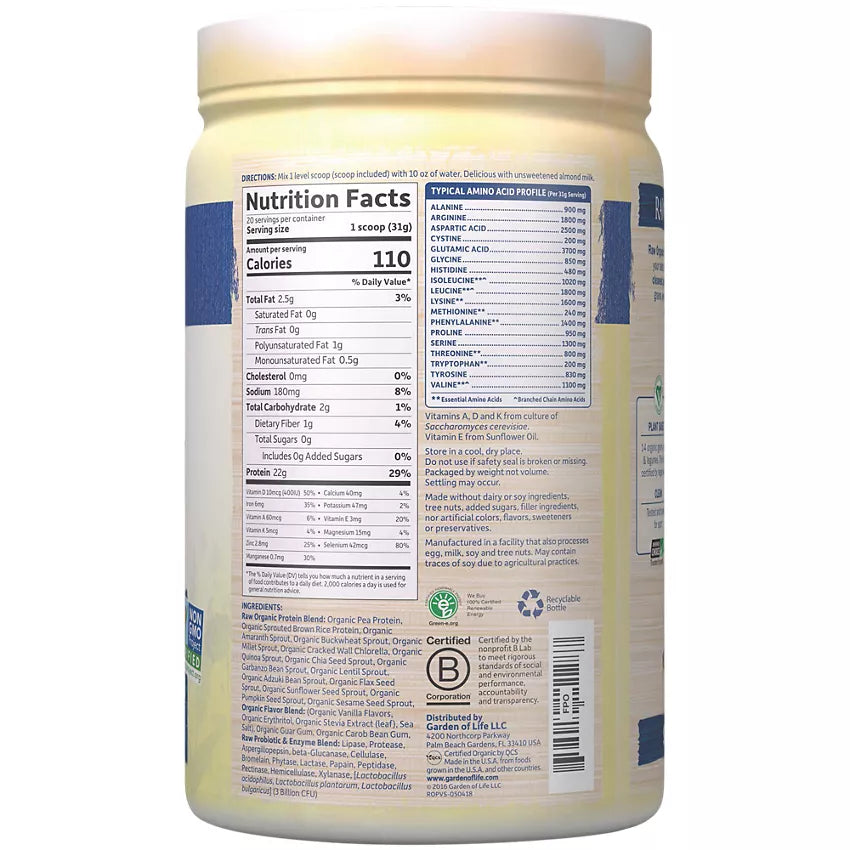 Garden of Life Raw Organic Protein Powder – Plant-Based – Vanilla (21.86 oz./20 Servings)