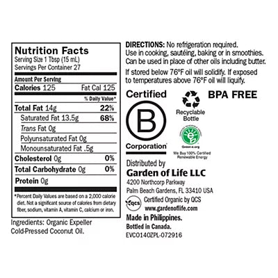 Garden of Life Raw Organic Extra Virgin Coconut Oil (14 Fluid Ounces)