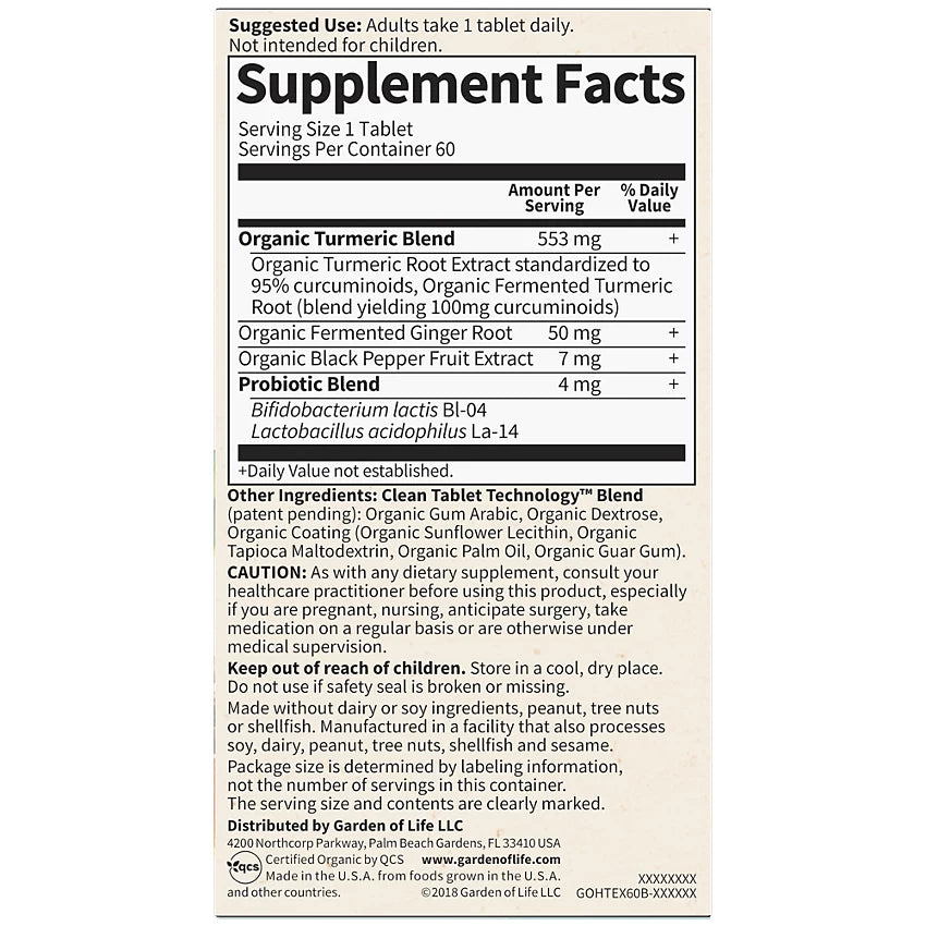 Garden of Life Organics Extra Strength Turmeric - Inflammatory Response with Black Pepper & Ginger (60 Vegan Tablets)