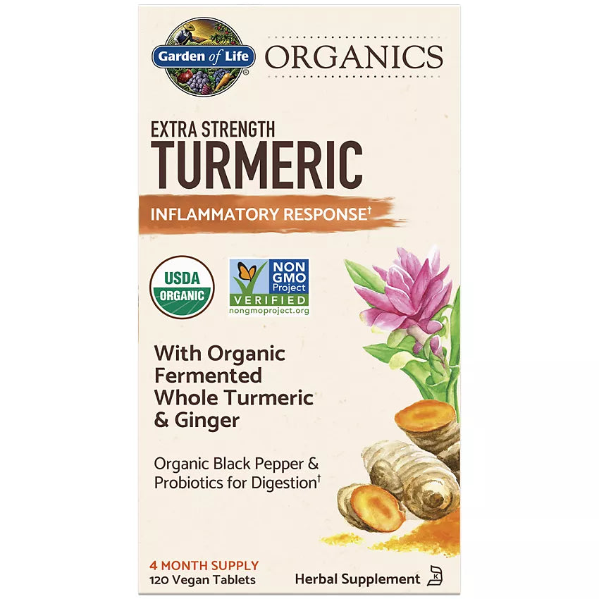Garden of Life Organics Extra Strength Turmeric - Inflammatory Response with Black Pepper & Ginger (120 Vegan Tablets)