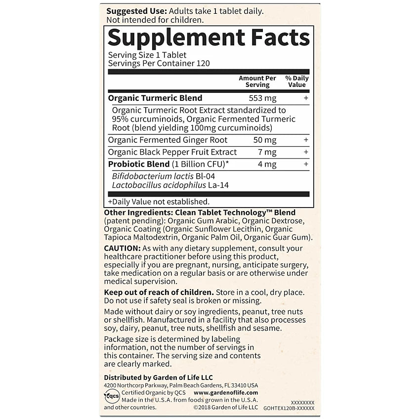 Garden of Life Organics Extra Strength Turmeric - Inflammatory Response with Black Pepper & Ginger (120 Vegan Tablets)