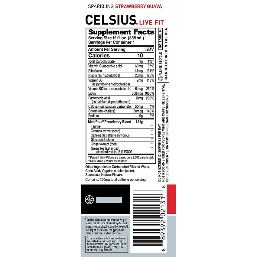 Celsius Sparkling Energy Drink - No Sugar or Preservatives - Strawberry Guava (12 Drinks, 12 Fl Oz. Each)