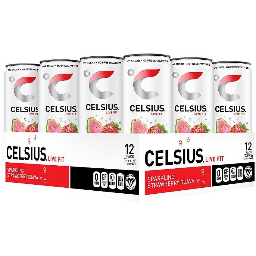 Celsius Sparkling Energy Drink - No Sugar or Preservatives - Strawberry Guava (12 Drinks, 12 Fl Oz. Each)