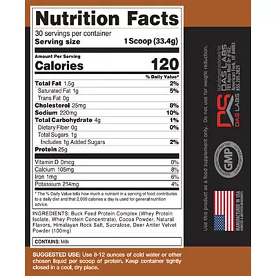 Bucked Up Buck Feed Protein Powder - 25g of Whey Protein & 100mg Deer Antler Velvet Extract - Chocolate (35 Oz. / 30 Servings)