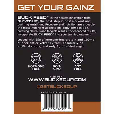Bucked Up Buck Feed Protein Powder - 25g of Whey Protein & 100mg Deer Antler Velvet Extract - Chocolate (35 Oz. / 30 Servings)