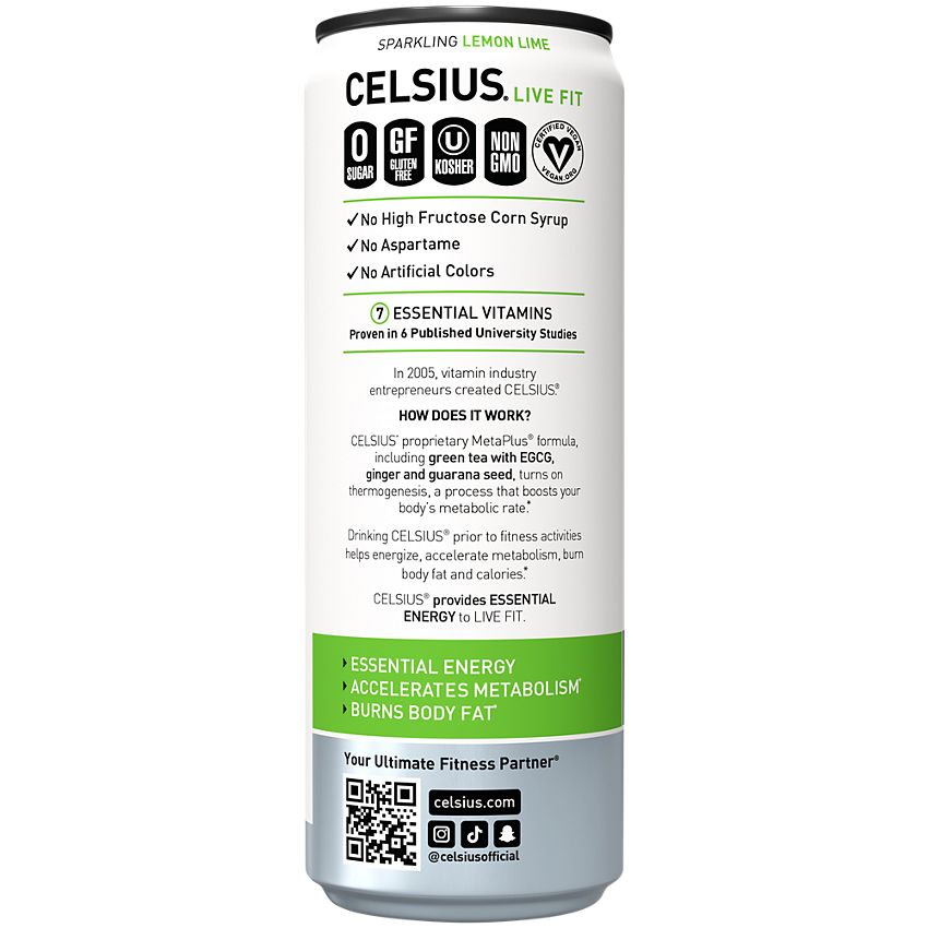 Celsius Sparkling Energy Drink with MetaPlus Formula - Lemon Lime (12 Drinks, 12 Fl Oz. Each)
