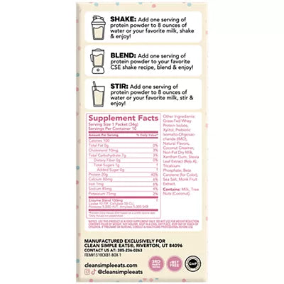 Clean Simple Eats Whey Protein Packets - 100% Grass Fed with 20g Protein - Cake Batter (10 Single Serving Packets)