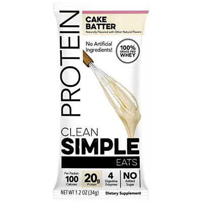 Clean Simple Eats Whey Protein Packets - 100% Grass Fed with 20g Protein - Cake Batter (10 Single Serving Packets)