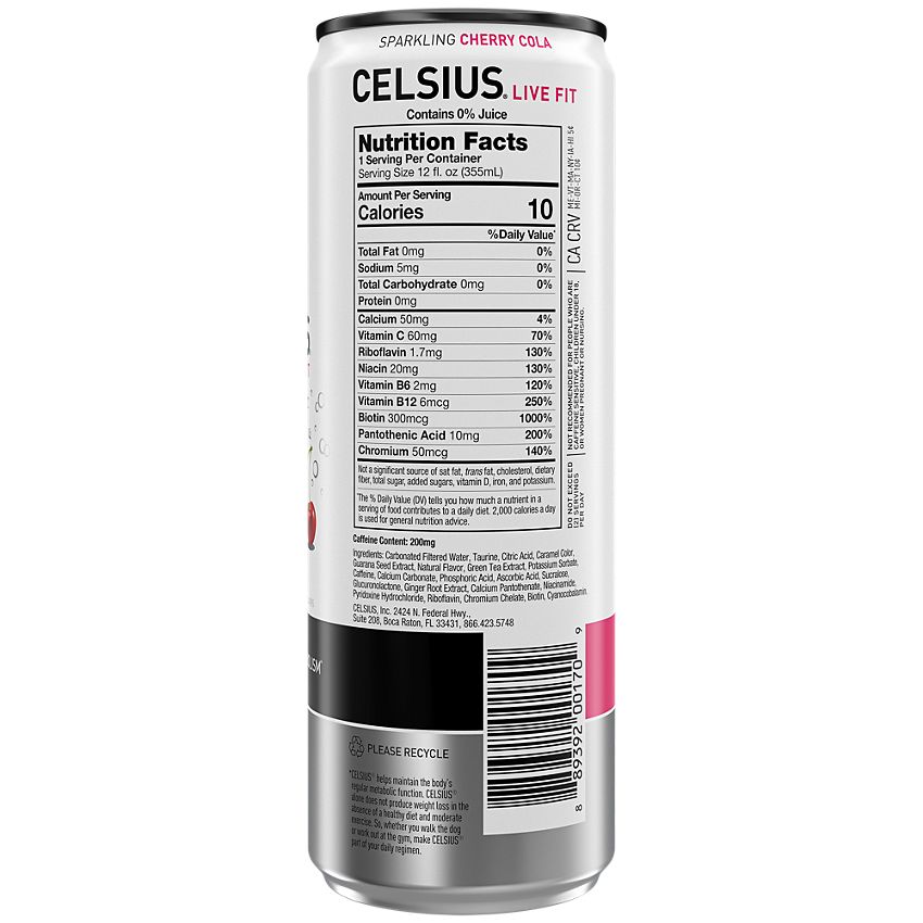 Celsius Live Fit Sparkling Energy Drink - No Sugar - Cherry Cola (12 Drinks, 12 Fl Oz. Each)