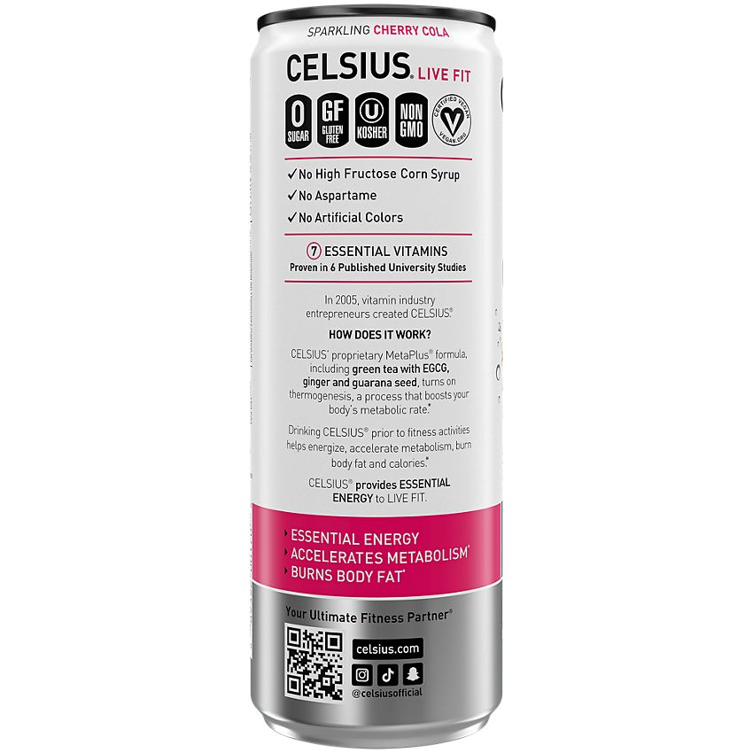 Celsius Live Fit Sparkling Energy Drink - No Sugar - Cherry Cola (12 Drinks, 12 Fl Oz. Each)