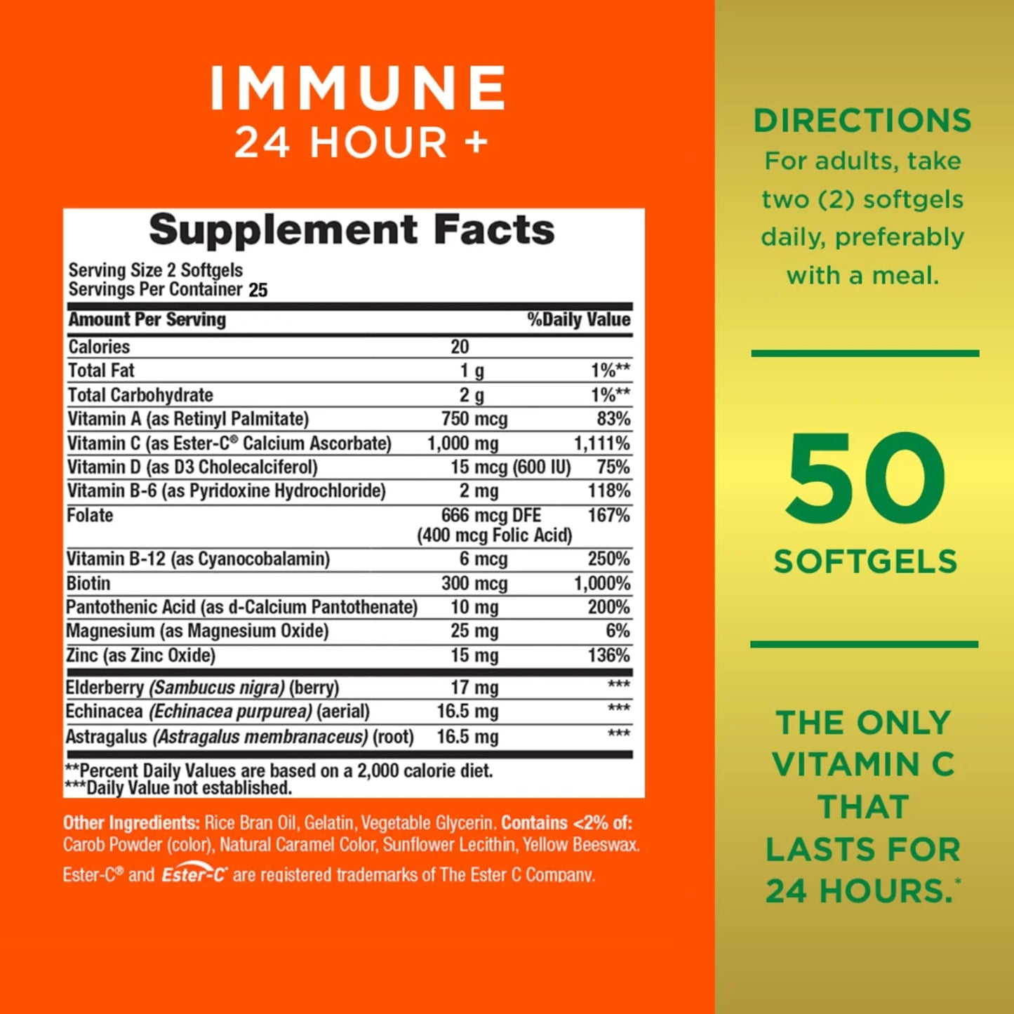 Nature's Bounty Immune 24 Hour Vitamin C, D3 & Zinc for Immune Support, 1000 mg Softgels ( 50 Count )