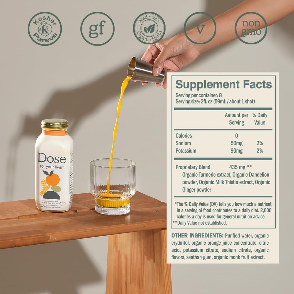 DOSE for Your Liver Support Supplement Shot| Non GMO, Vegan, Gluten Free, Kosher Pareve | 16oz (9 Bottles) & 2oz Shot Glass (2 Glasses)