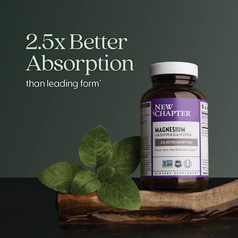 New Chapter Magnesium + Ashwagandha Supplement, 325 mg with Magnesium Glycinate, 2.5x Absorption, Muscle Recovery, Heart & Bone Health, Calm & Relaxation, Gluten Free, Non-GMO - 90 ct (3 Month Supply)