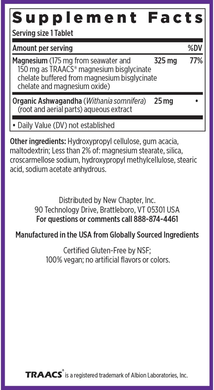 New Chapter Magnesium + Ashwagandha Supplement, 325 mg with Magnesium Glycinate, 2.5x Absorption, Muscle Recovery, Heart & Bone Health, Calm & Relaxation, Gluten Free, Non-GMO - 60 ct (2 Month Supply)