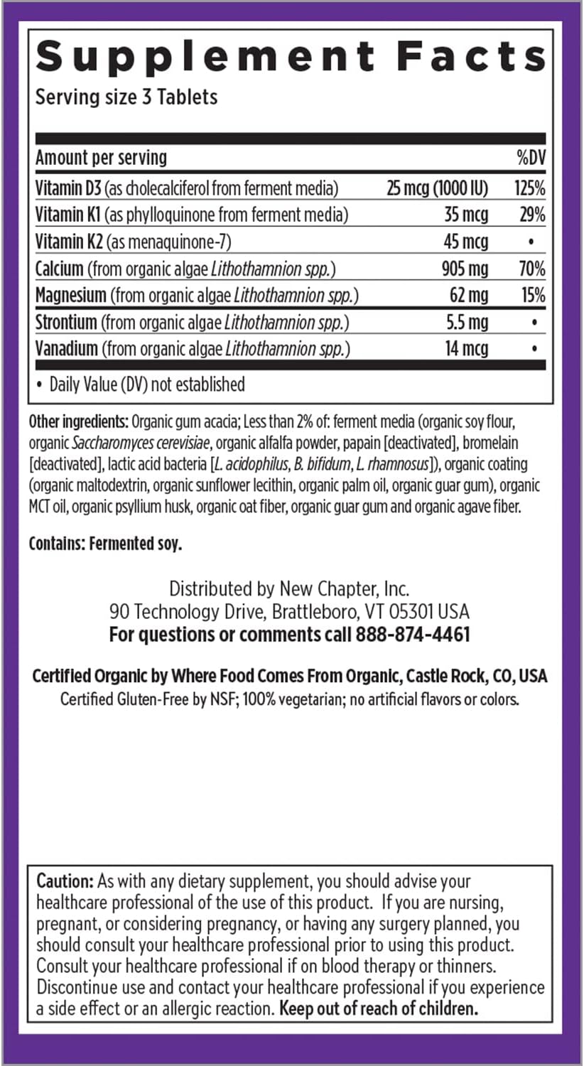 New Chapter Calcium Supplement - Bone Strength Organic Calcium with Magnesium, Vitamin D3+K2, 70+ Trace Minerals for Bone Health, Gluten Free, Easy to Swallow Slim Tablets - 60 Count
