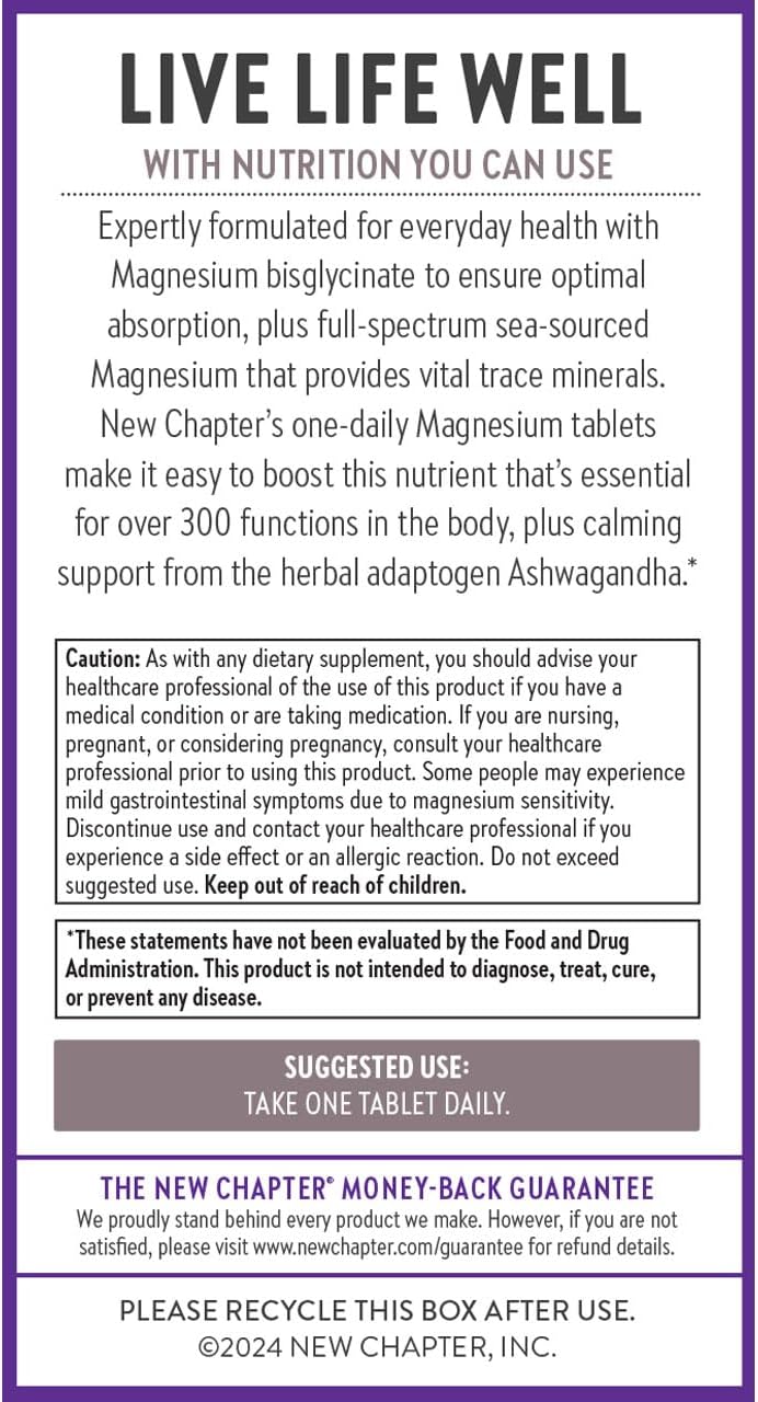 New Chapter Magnesium + Ashwagandha Supplement, 325 mg with Magnesium Glycinate, 2.5x Absorption, Muscle Recovery, Heart & Bone Health, Calm & Relaxation, Gluten Free, Non-GMO - 90 ct (3 Month Supply)