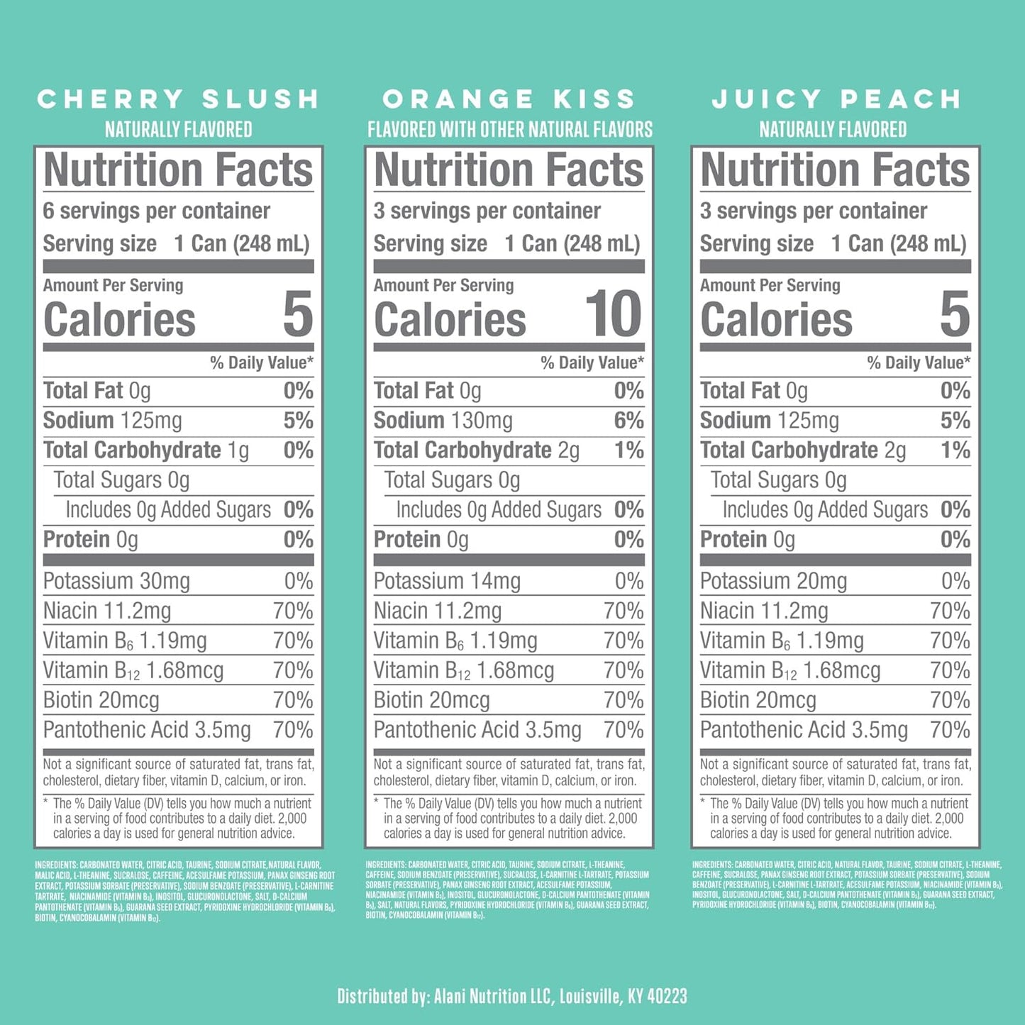 Alani Nu VARIETY PACK (CHERRY SLUSH, JUICY PEACH, ORANGE KISS), Low Calorie Energy Drinks, 100mg Caffeine, Biotin, B Vitamins, Zero Sugar, 10 Calories or Less, 8 Fl Oz Cans, 12 Pack