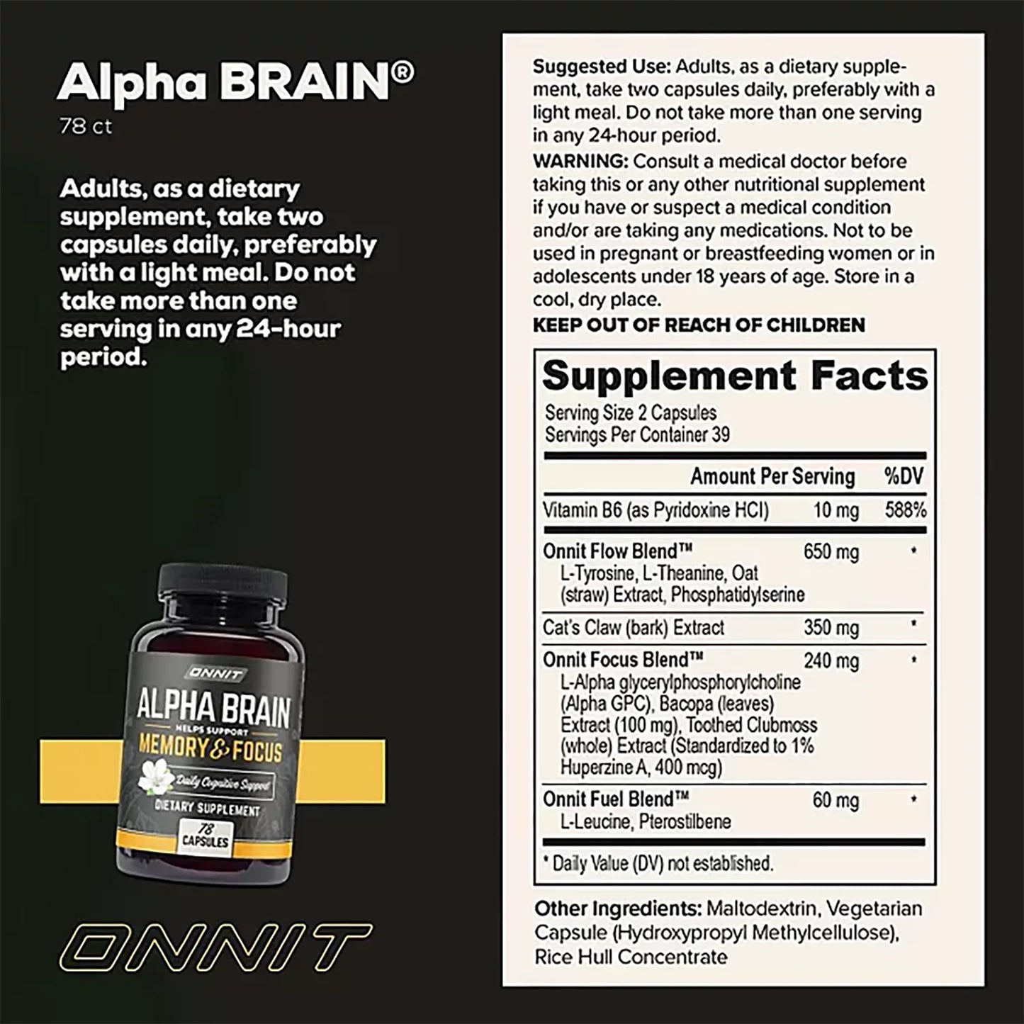ONNIT Alpha Brain Nootropic Brain Supplement for Men & Women | Memory, Mental Clarity & Cognitive Improvement | Focus Capsules with L-Theanine, Vitamin B6 & Phosphatidylserine (78 Count)