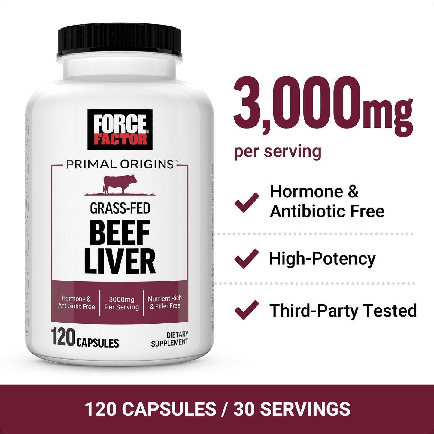 Force Factor - Primal Origins Beef Liver Capsules Made with Grass Fed Beef, Beef Organ Supplement, 120 Capsules