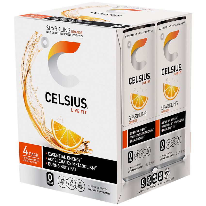 Celsius Sparkling Energy Drink -Celsius Sparkling Energy Drink - No Sugar or Preservatives - Orange (4 Drinks, 12 Fl Oz. Each) Orange (4 Drinks, 12 Fl Oz. Each)