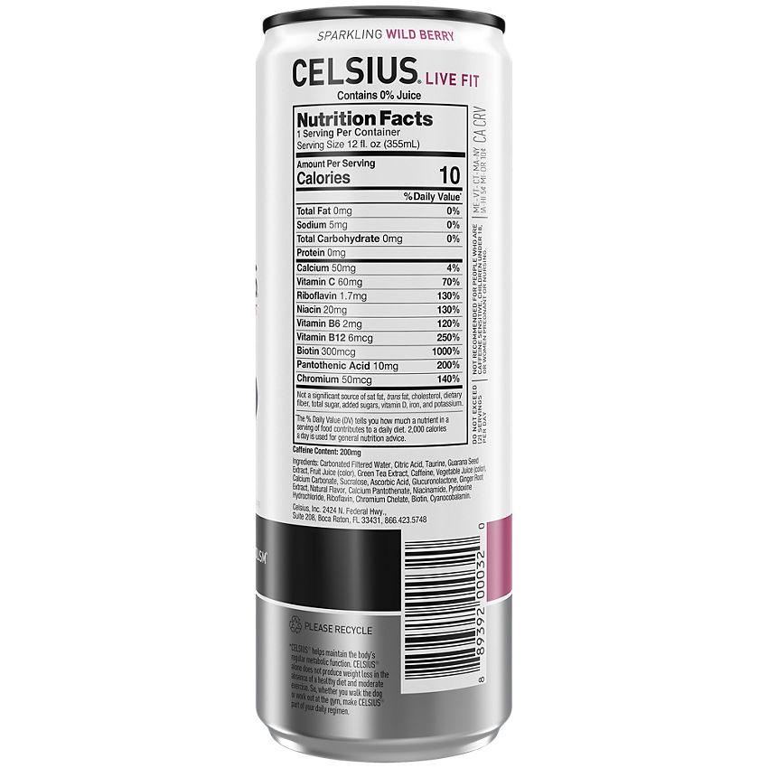 Celsius Sparkling Energy Drink - No Sugar or Preservatives - Wild Berry (4 Drinks, 12 Fl Oz. Each)