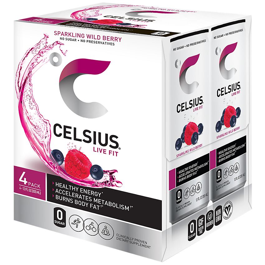 Celsius Sparkling Energy Drink - No Sugar or Preservatives - Wild Berry (4 Drinks, 12 Fl Oz. Each)