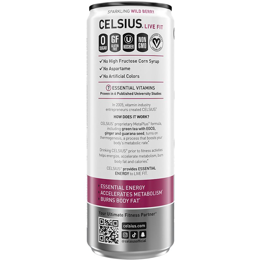 Celsius Sparkling Energy Drink - No Sugar or Preservatives - Wild Berry (4 Drinks, 12 Fl Oz. Each)