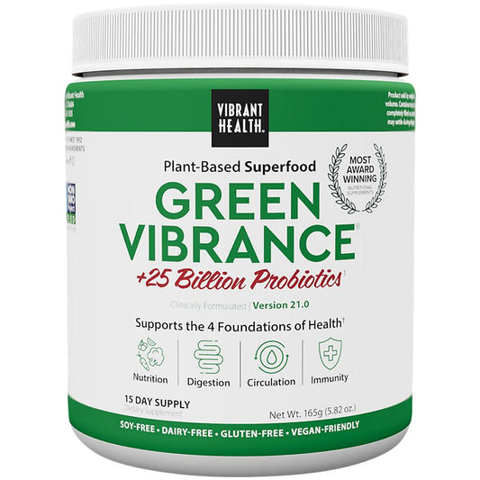 Vibrant Health- Green Vibrance Plant-Based Superfood Powder + 25 Billion Probiotics-Unflavored (15 Servings)