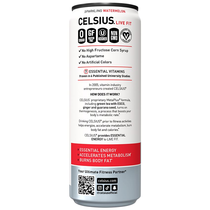 Celsius Sparkling Energy Drink - No Sugar or Preservatives - Watermelon (4 Drinks, 12 Fl Oz. Each)