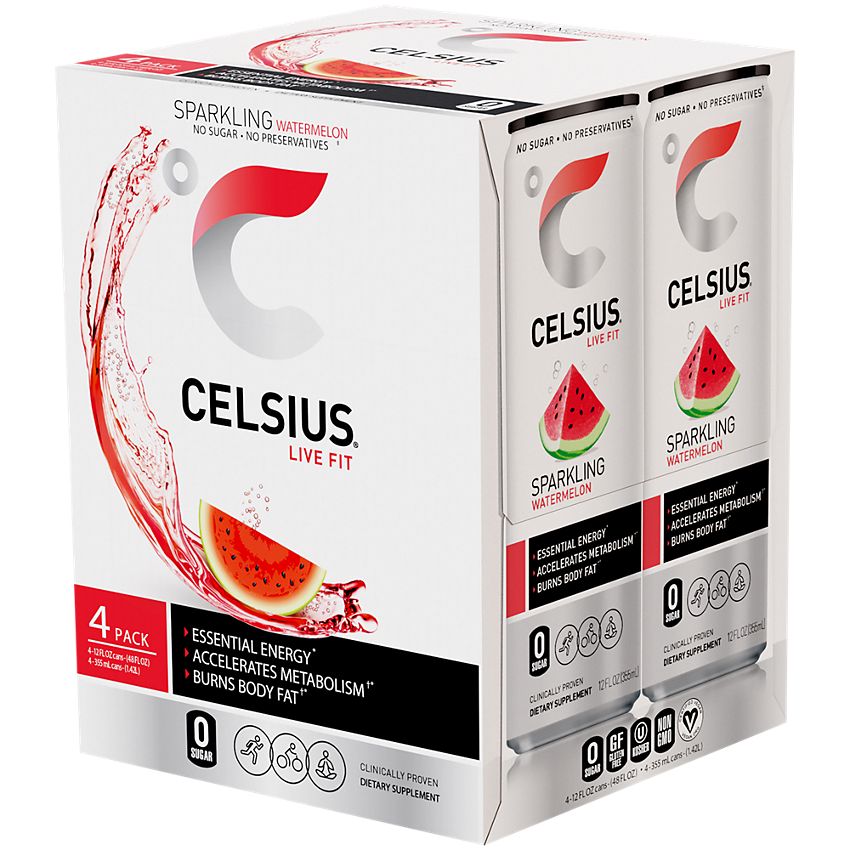 Celsius Sparkling Energy Drink - No Sugar or Preservatives - Watermelon (4 Drinks, 12 Fl Oz. Each)