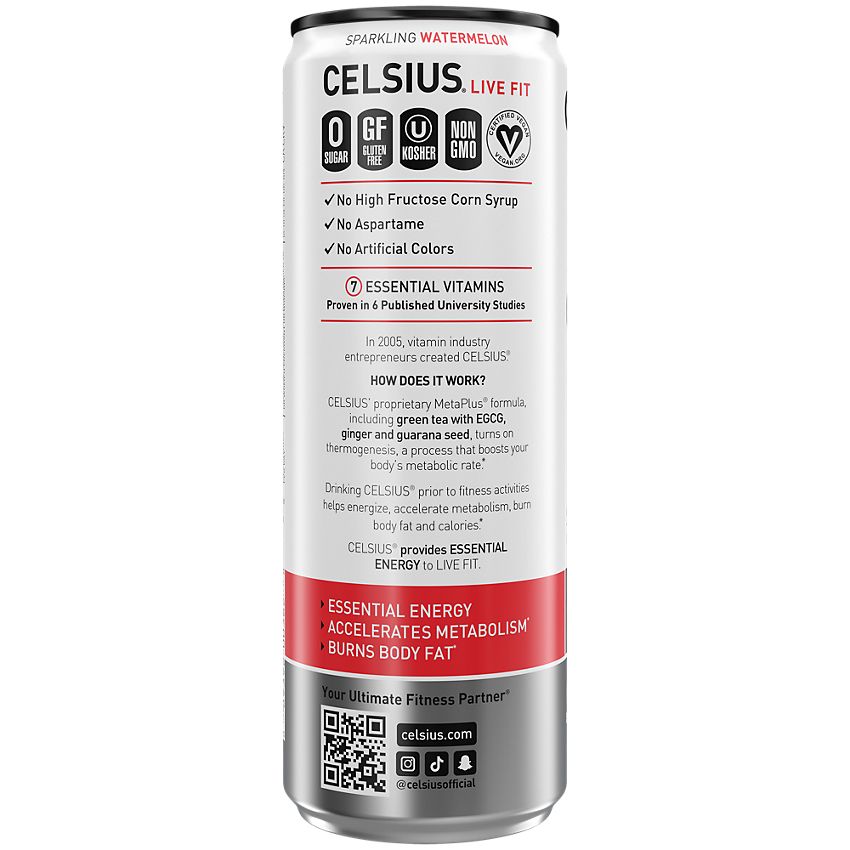 Celsius Sparkling Energy Drink - No Sugar or Preservatives - Watermelon (4 Drinks, 12 Fl Oz. Each)