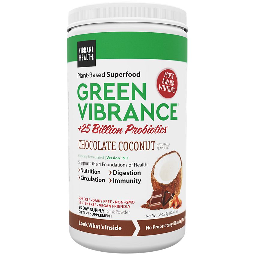 Vibrant Health- Green Vibrance Plant-Based Superfood Powder + 25 Billion Probiotics – Chocolate Coconut (25 Servings)