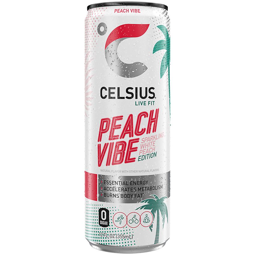 Celsius Sparkling Energy Drink - No Sugar or Preservatives - Peach Vibe (4 Drinks, 12 Fl Oz. Each)