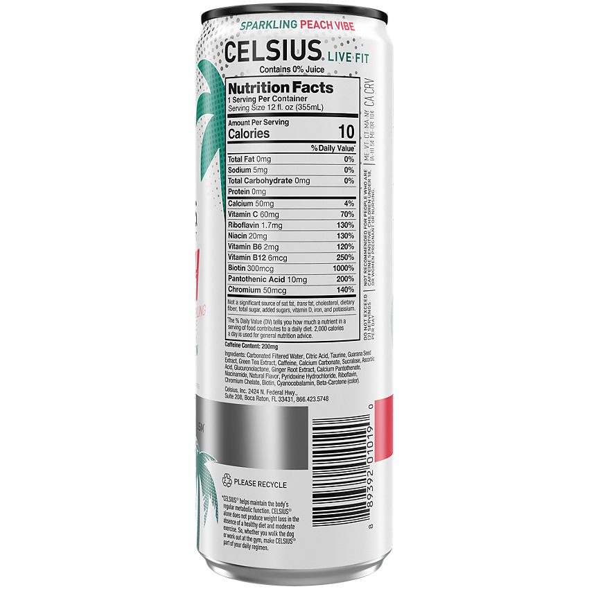 Celsius Sparkling Energy Drink - No Sugar or Preservatives - Peach Vibe (4 Drinks, 12 Fl Oz. Each)