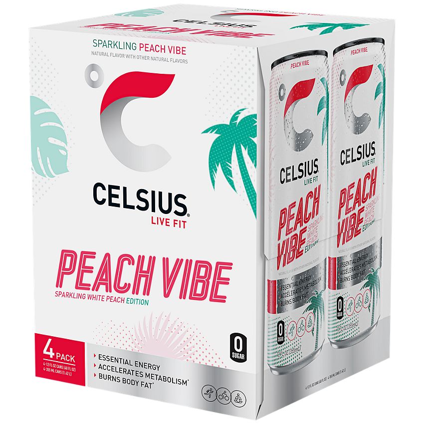 Celsius Sparkling Energy Drink - No Sugar or Preservatives - Peach Vibe (4 Drinks, 12 Fl Oz. Each)