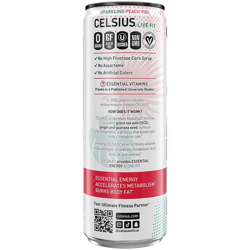 Celsius Sparkling Energy Drink - No Sugar or Preservatives - Peach Vibe (4 Drinks, 12 Fl Oz. Each)