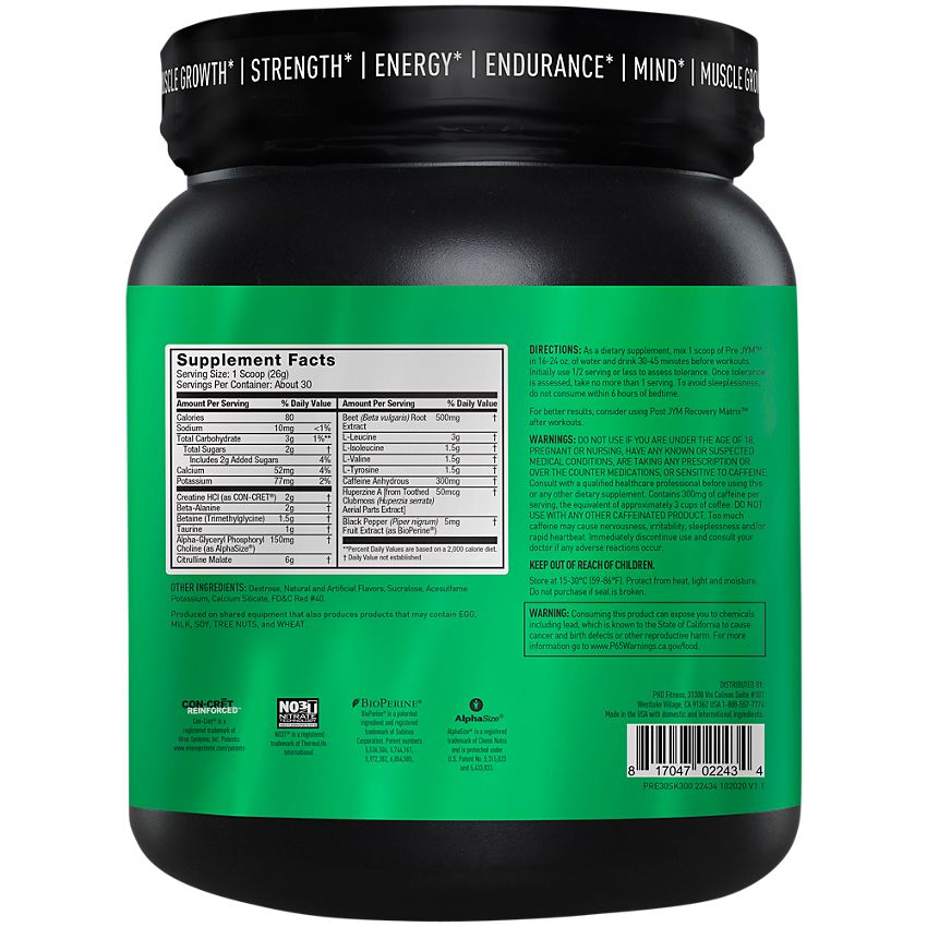 JYM Supplement Science- Pre Jym-High Performance Pre-Workout - Strawberry Kiwi (27.5 oz. / 30 Servings)