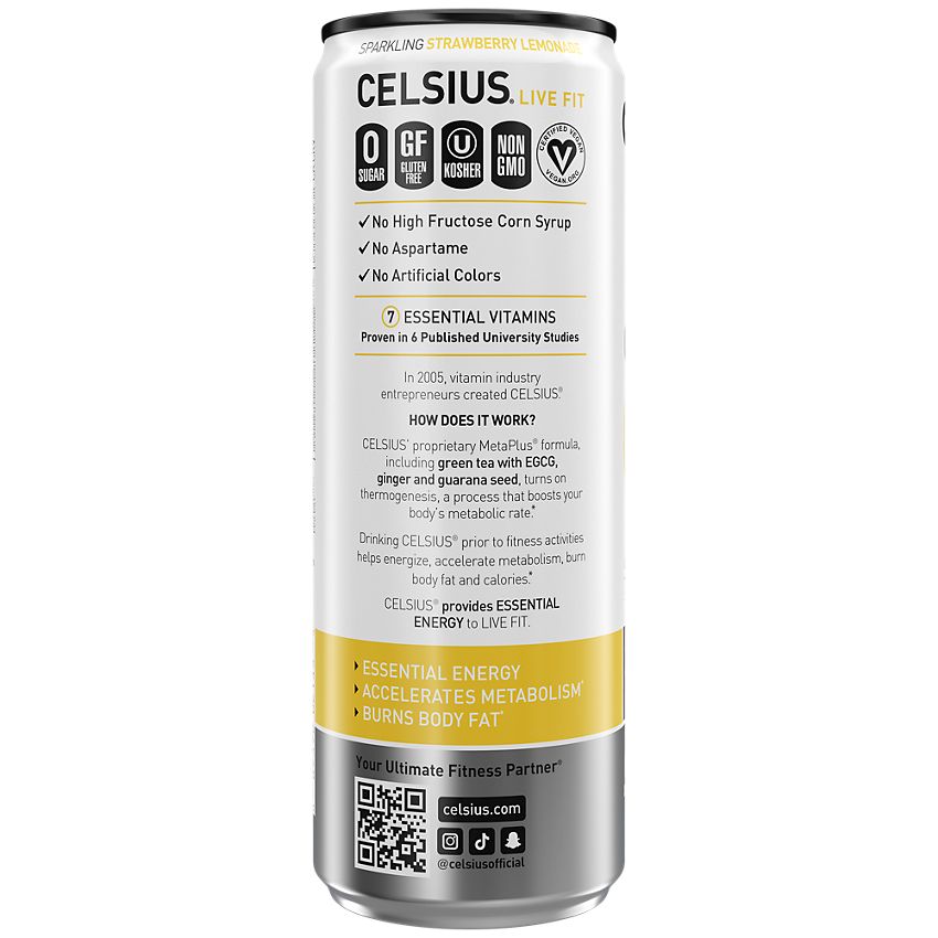 Celsius Sparkling Energy Drink - No Sugar or Preservatives - Strawberry Lemonade (12 Drinks, 12 Fl Oz. Each)