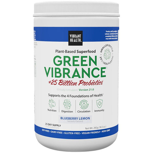 Vibrant Health Green Vibrance Plant-Based Superfood Powder + 25 Billion Probiotics – Blueberry Lemon (25 Servings)