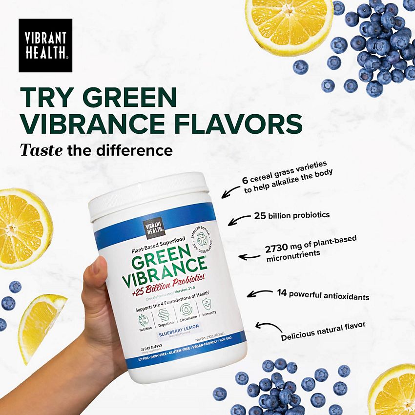 Vibrant Health Green Vibrance Plant-Based Superfood Powder + 25 Billion Probiotics – Blueberry Lemon (25 Servings)