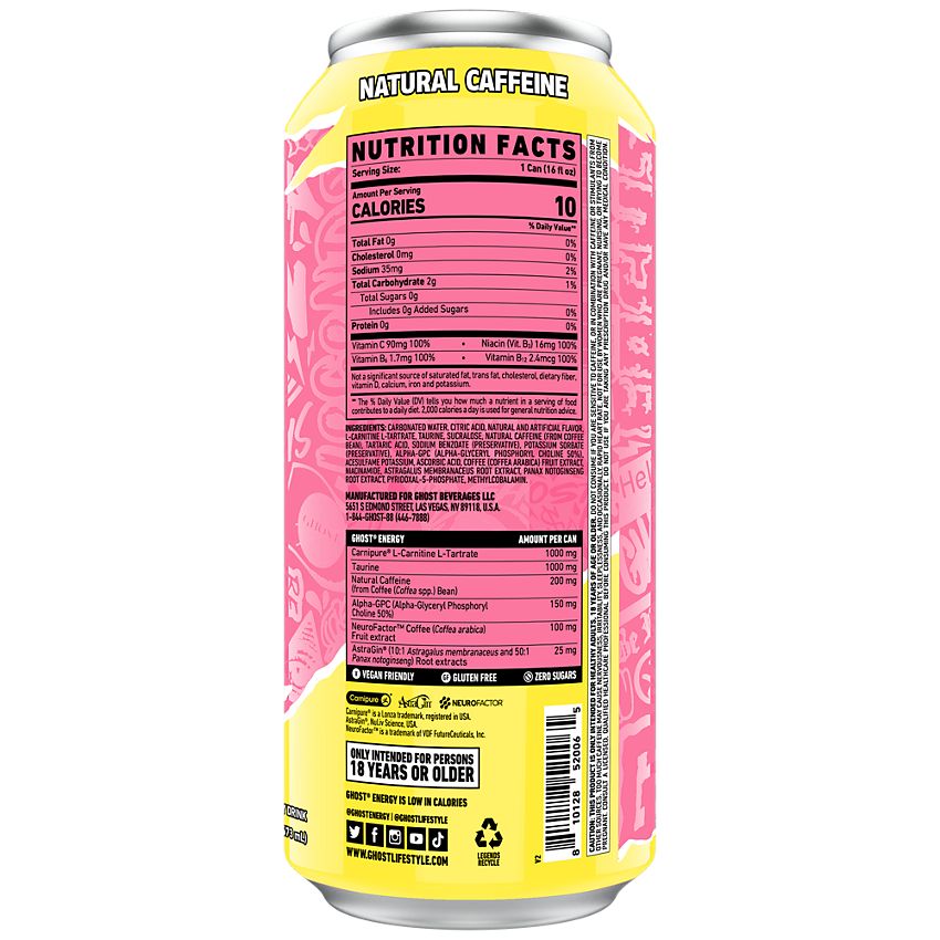 GHOST Energy Drink - Zero Sugar - Sour Pink Lemonade (12 Drinks, 16 Fl Oz. Each)