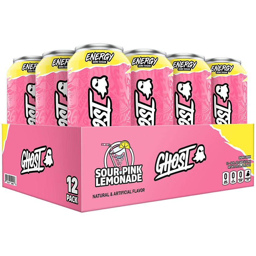 GHOST Energy Drink - Zero Sugar - Sour Pink Lemonade (12 Drinks, 16 Fl Oz. Each)