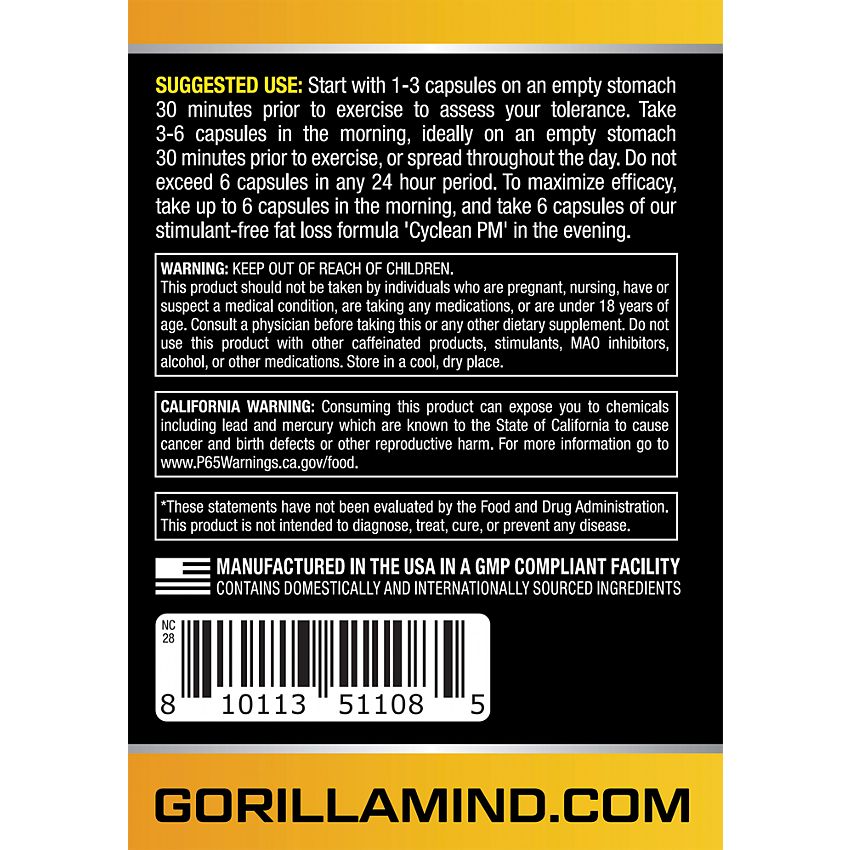 Gorilla Mind Cyclean AM – Stimulant-Based Fat Loss Formula (180 Capsules)