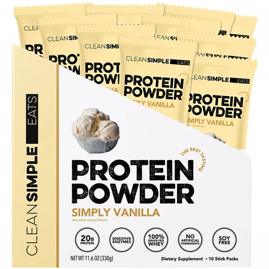 Clean Simple Eats Whey Protein Packets - 100% Grass Fed with 20g Protein - Simply Vanilla (10 Single Serving Packets)
