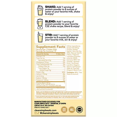 Clean Simple Eats Whey Protein Packets - 100% Grass Fed with 20g Protein - Simply Vanilla (10 Single Serving Packets)
